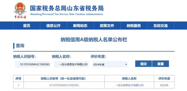 一百分信息技術有限公司獲評“2024年度企業(yè)納稅信用等級A級”